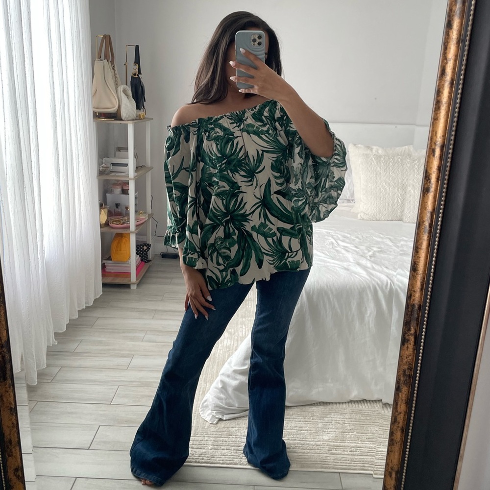 H&M Green Leaf Print Off-Shoulder Blouse